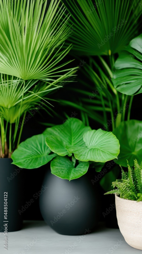 Fototapeta premium Lush green potted plants arranged in artistic display showcasing diverse foliage textures