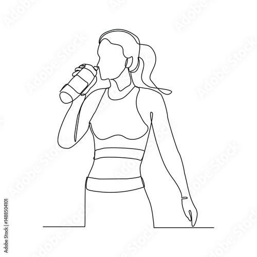 Continuous line drawing of sporty woman drink energy water from bottle. One single sketch art concept of healthy life style. Vector illustration editable stroke