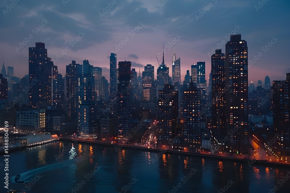 Fototapeta premium City Skylines at Dusk: A stunning cityscape shot during the transition from day to night, with city lights starting to illuminate the skyline