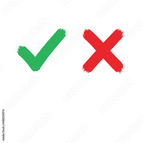 Tick and cross brush signs. Green checkmark OK and red X icons, isolated on white background. Symbols YES and NO button for vote, decision, web. Right and wrong. 