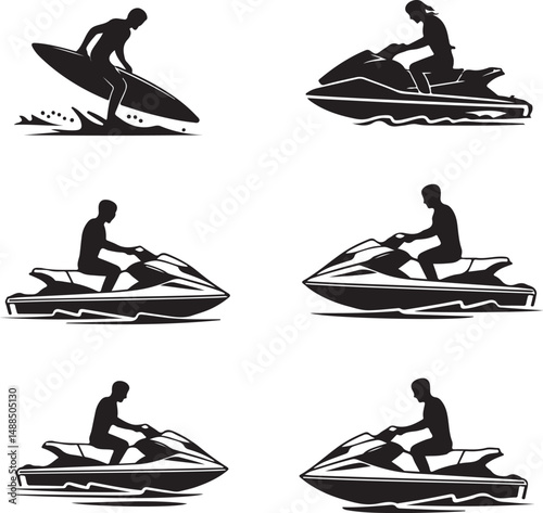 Water Sports Silhouettes Surfing and Jet Skiing