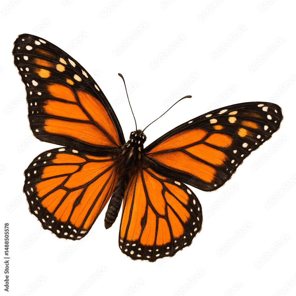 Fototapeta premium Vivid Monarch Butterfly Displaying Intricate Wing Patterns on a Pure White Background for Natural History and Design