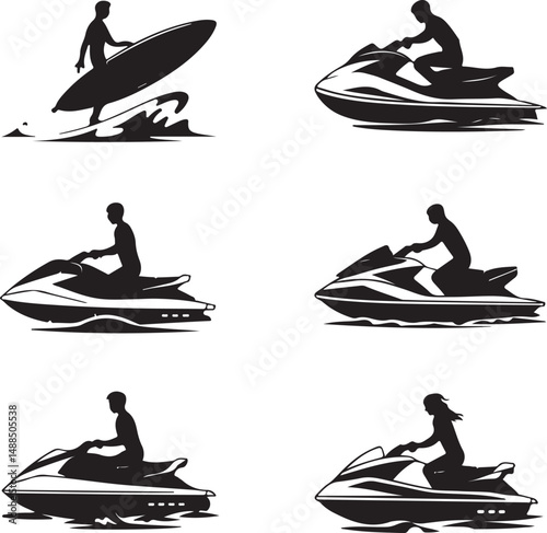 Water Sports Silhouettes Surfing and Jet Skiing