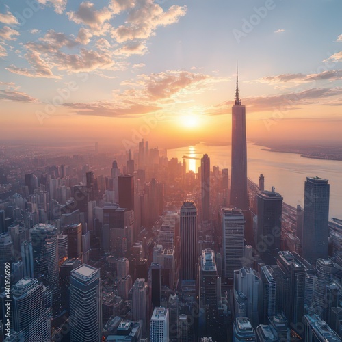 Aerial view of modern city skyline at sunset

