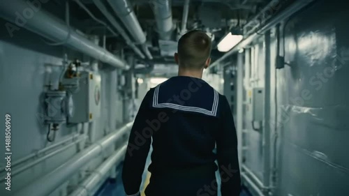 Sailor in Uniform Walking Down Long Corridor Inside Military Ship