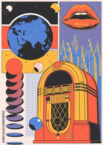 Abstract Poster 1970s - 1980s Style. Retro Jukebox, Lips, Earth, Skyscrapers. Geometric Shapes, Space Background, Vintage Colors 