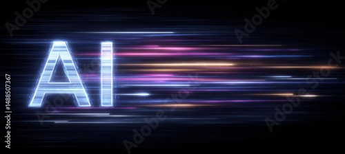 Dynamic ai typography with vibrant light streaks on black canvas