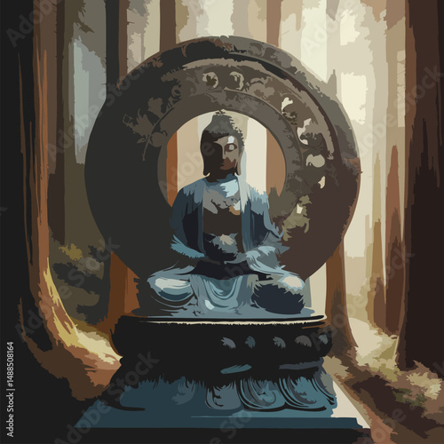 A serene bronze statue of a meditative deity or Buddha figure, seated in a lotus position and holding a sacred object, surrounded by a circular ornamental halo. Set in a peaceful forest environment