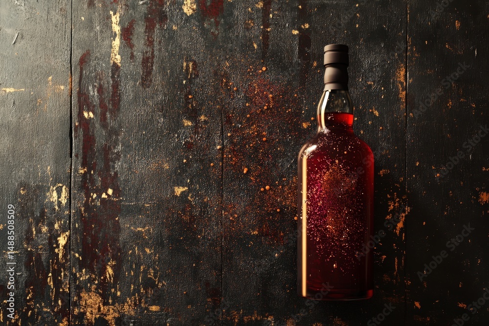 Fototapeta premium Dark wooden table showcasing a vintage bottle of red liquid.