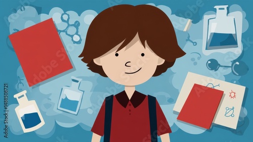 Cartoon Boy with Science and Books Illustration