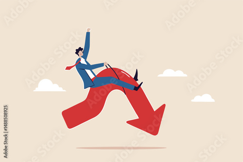 Stock market or crypto currency crash and going down, economic crisis or investing risk, volatility and fluctuation concept, businessman investor rodeo riding uncertainty decline red arrow graph.