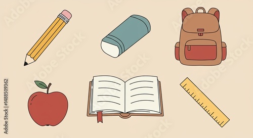 School supplies illustration featuring a pencil, eraser, backpack, apple, book and ruler