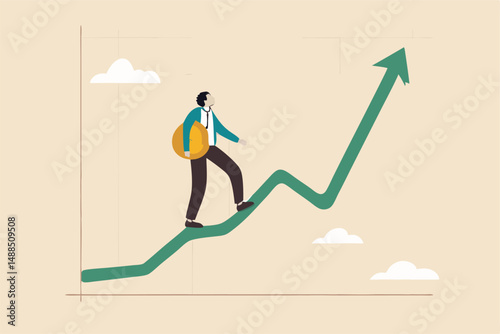 Investment strategy to earn money, plan to invest or wealth management for profit, financial planning, market analysis concept, businessman investor holding big money coin walk up rising graph.
