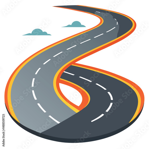 Illustrate a winding, asphalt road with dashed white lane markings  on white background