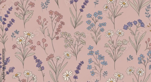Seamless Pastel Floral Pattern with Daisies and Lavender