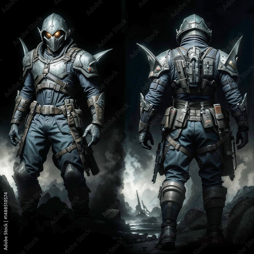 Naklejka premium Futuristic armored soldier in stealth gear, showcasing an impressive design in a dark atmosphere