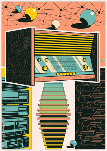 Abstract Poster 1970s - 1980s Style. Retro Radio, Stereo Systems. Geometric Shapes, Space Background, Vintage Colors 
