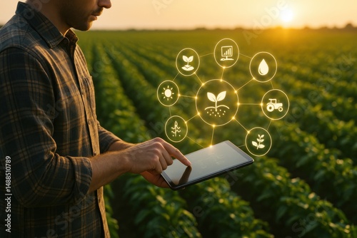 Smart Farming with Digital Innovation: A forward-thinking individual utilizes a tablet to monitor and manage a thriving field.