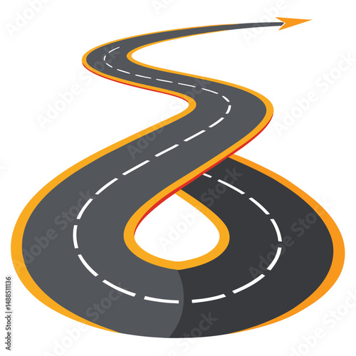 Illustrate a winding, asphalt road with dashed white lane markings  on white background