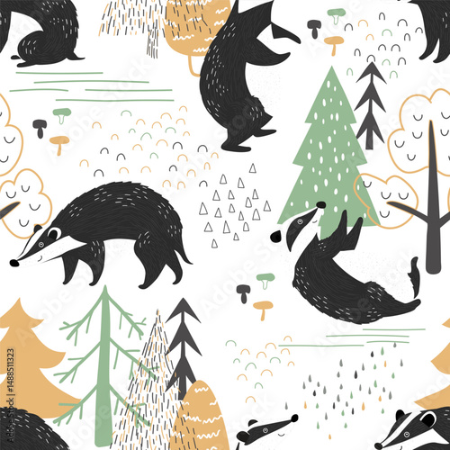 Cute vector pattern of badger in the forest. Seamless vector pattern for children's design