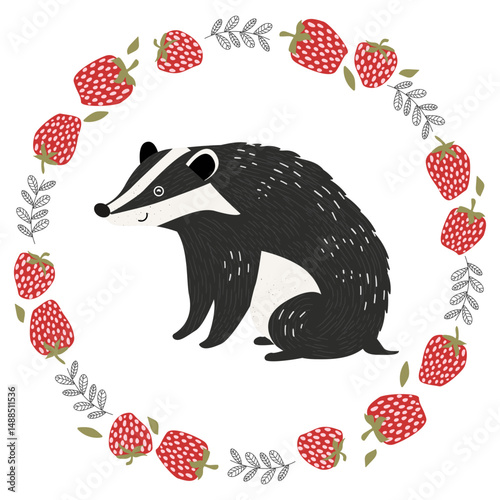 Cute badger sits in a round frame made of strawberries and leaves. Vector illustration, perfect for children's design or spring theme.