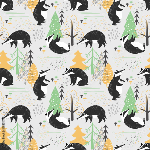 Cute vector pattern of badger in the forest. Seamless vector pattern for children's design