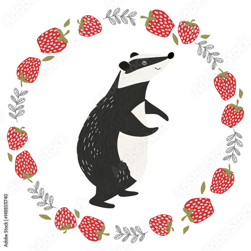 Cute badger sits in a round frame made of strawberries and leaves. Vector illustration, perfect for children's design or spring theme.