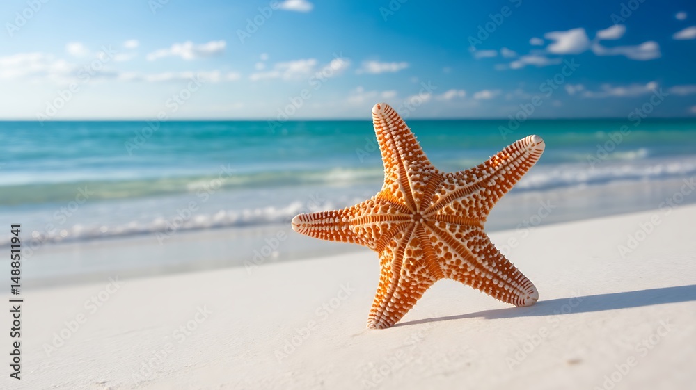 Vibrant Starfish Resting on a White Sandy Beach with Turquoise Water Vibrant Starfish Resting on a White Sandy Beach with Turquoise Water