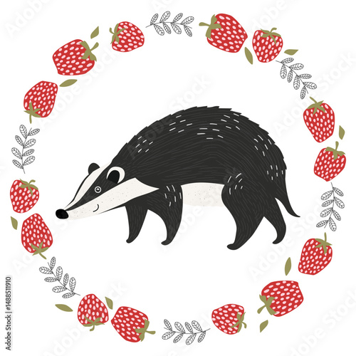 Cute badger sits in a round frame made of strawberries and leaves. Vector illustration, perfect for children's design or spring theme.
