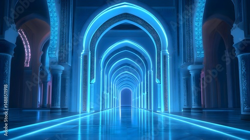 Illuminated hallway with Islamic arches and blue neon lights creating a futuristic mosque interior