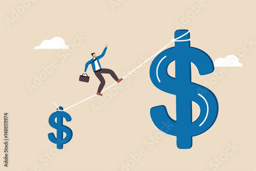 Investment growth high risk high reward, growing wealth or increase wages, salary or income, earning or profit savings concept, businessman investor acrobat walking from small dollar to bigger one.