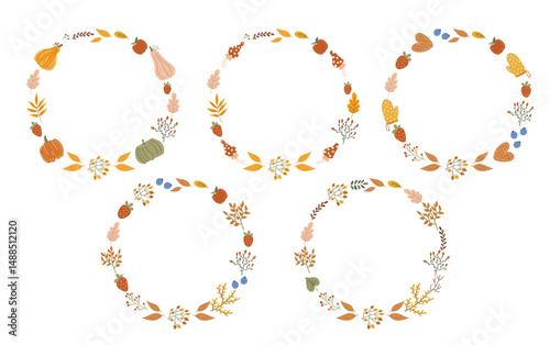 Five autumn round wreath frames vector illustration, decorated with colorful leaves, pumpkin, berries, mushrooms, apples and cookie shapes. Use for seasonal invitation or greeting card.