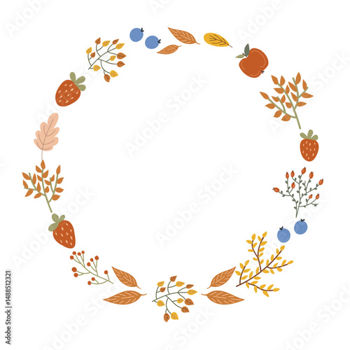 Round frame with autumn leaves, berries, apples and strawberry elements. Decorative vector illustration for greeting card, banner and design.