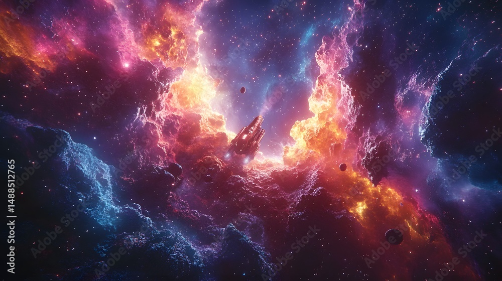 A spaceship soars through a vibrant nebula, illuminated with cosmic dust and radiant colors. The stunning scene features pink, purple, blue, and orange hues. Astronomy and Galaxy backgrounds A spaceship soars through a vibrant nebula, illuminated with cosmic dust and radiant colors. The stunning scene features pink, purple, blue, and orange hues. Astronomy and Galaxy backgrounds