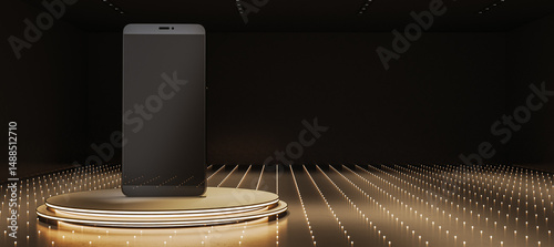 Smartphone mockup standing on illuminated round pedestal in dark futuristic room with glowing floor lights for branding and product design showcase. 3D Rendering