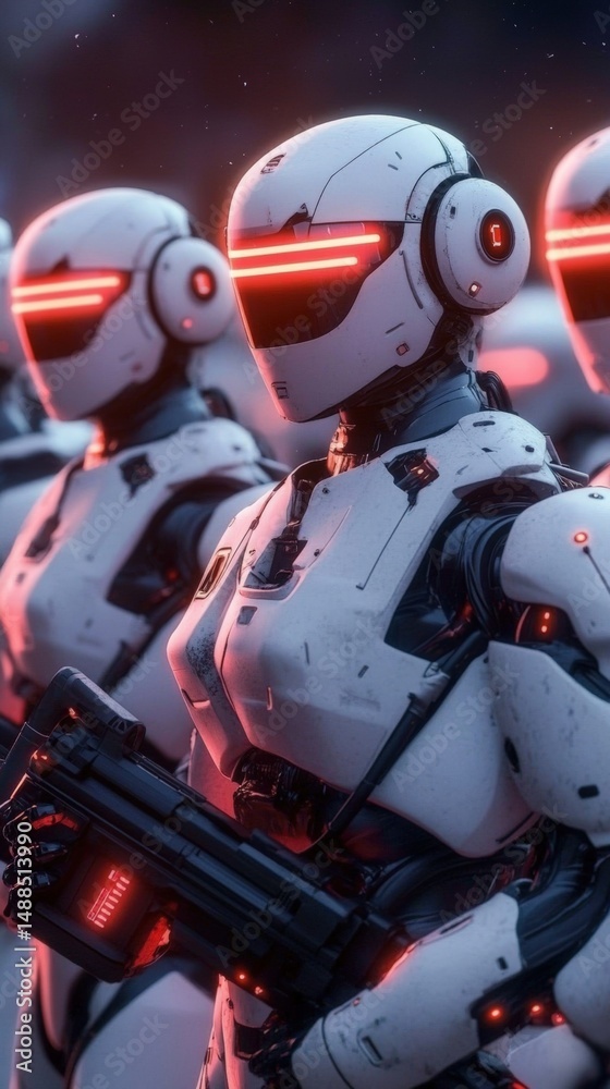 Futuristic robots stand ready with weapons in a high-tech urban environment at dusk Futuristic robots stand ready with weapons in a high-tech urban environment at dusk