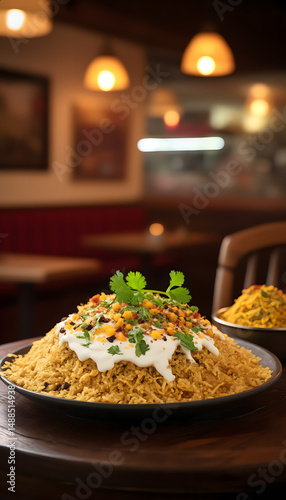 Aloo tikki chaat topped with yogurt, chutneys, and coriander