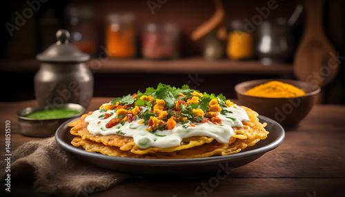Aloo tikki chaat topped with yogurt, chutneys, and coriander
