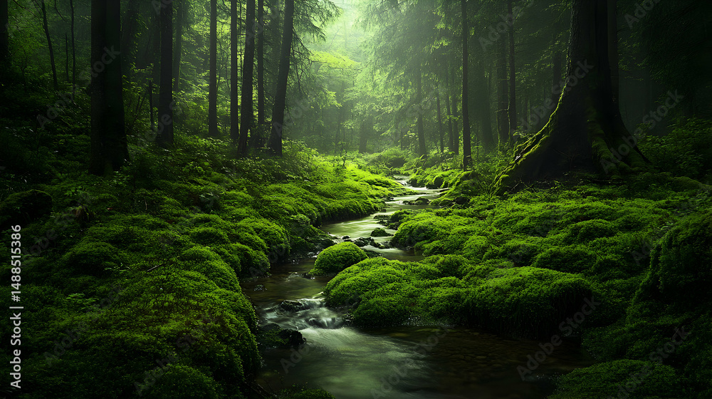 Fototapeta premium Serene Forest Scene with Mossy Stream and Soft Natural Light