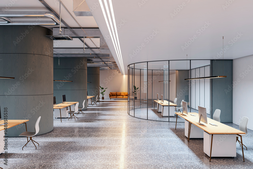 Obraz premium Modern open-plan office interior with glass meeting room, sleek desks, and minimalistic design in luxury corporate workspace setting. 3D Rendering