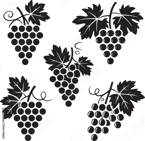 Black and White Grape Clusters with Leaves Illustrations