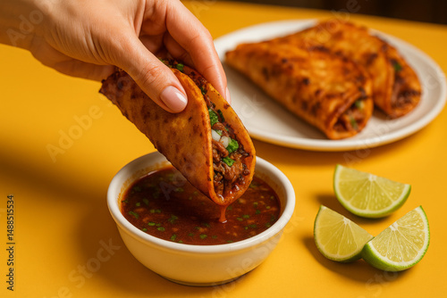 Woman dipping delicious birria taco in consomé with lime wedges