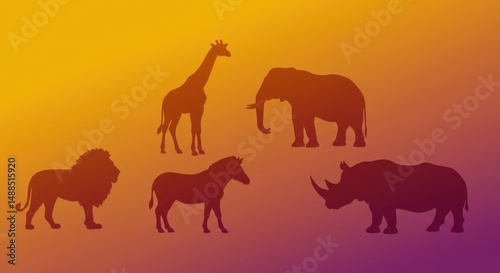 Silhouette of African animals against a gradient background, safari concept.
