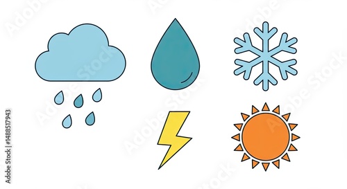 Simple weather icons representing rain, sun, snow, water drop, and lightning on white