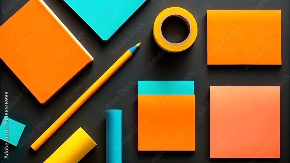 Fototapeta premium Vibrant Orange and Teal Stationery Flat Lay Creative Office Supplies