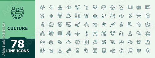 Culture icon set. Outline icons pack. Art icon set. Contains such symbols as painting, cinema, musical, historical, entertainment, museum and more. Minimal icons collection.
