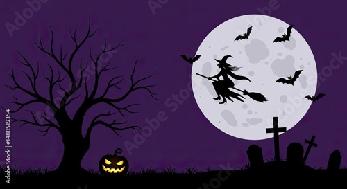 Spooky Halloween night illustration with witch, bats, pumpkin, and graveyard scene