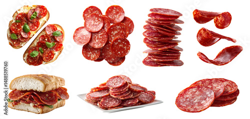 set of pepperoni spicy Salami salume cured sausage fermented dried meat, pork beef chicken, Bruschetta, toast sandwich bun, flying sliced pile stack on transparent cutout PNG. Mockup template