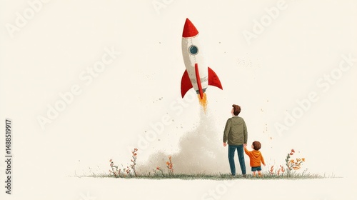A father and son watch in awe as a rocket blasts off into the sky, a symbol of dreams taking flight.