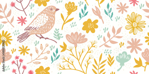 Pastel Floral Bird Seamless Pattern Background
